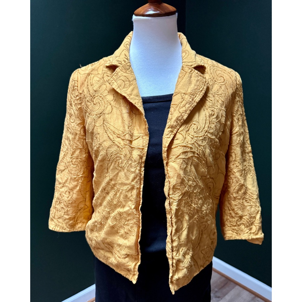 Embroidered Blazer Jacket Gold Floral 3/4 Sleeve Career Casual